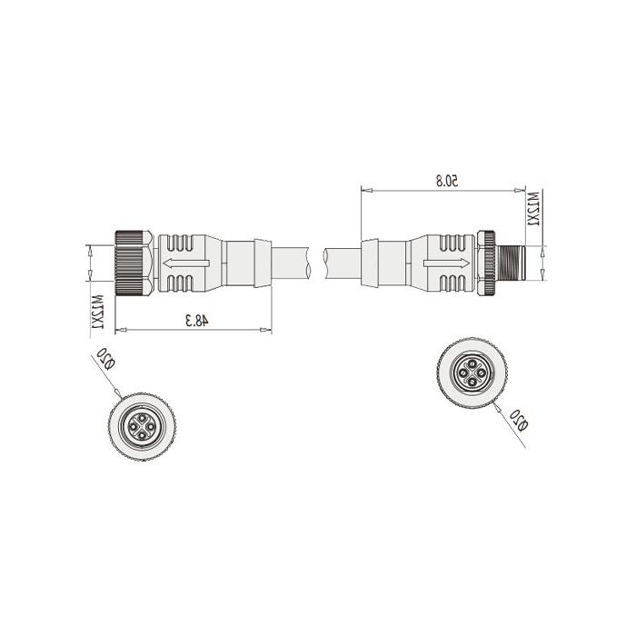 M12 4Pin S-coded, female straight to male straight, double end precast PUR flexible cable, black sheath, 64SD05-XXX