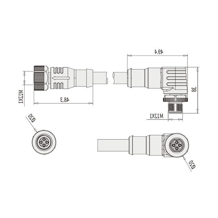 M12 4Pin S-coded, female straight turn male 90°, double-ended pre-cast PVC non-flexible cable, grey sheathing, 64SD21-XXX